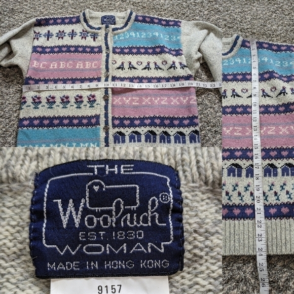 Vintage Woolrich tan blue pink school teacher wool blend button up cardigan M - Picture 8 of 8